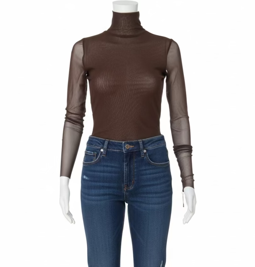 Only Hearts Tulle Long Sleeve Mock Neck Shirt in Brown