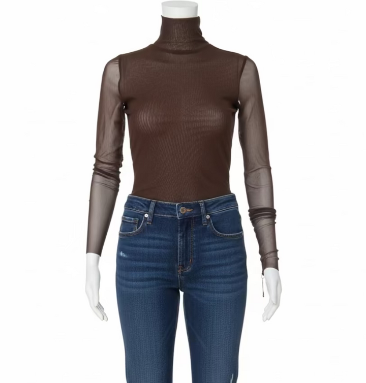 Only Hearts Tulle Long Sleeve Mock Neck Shirt in Brown