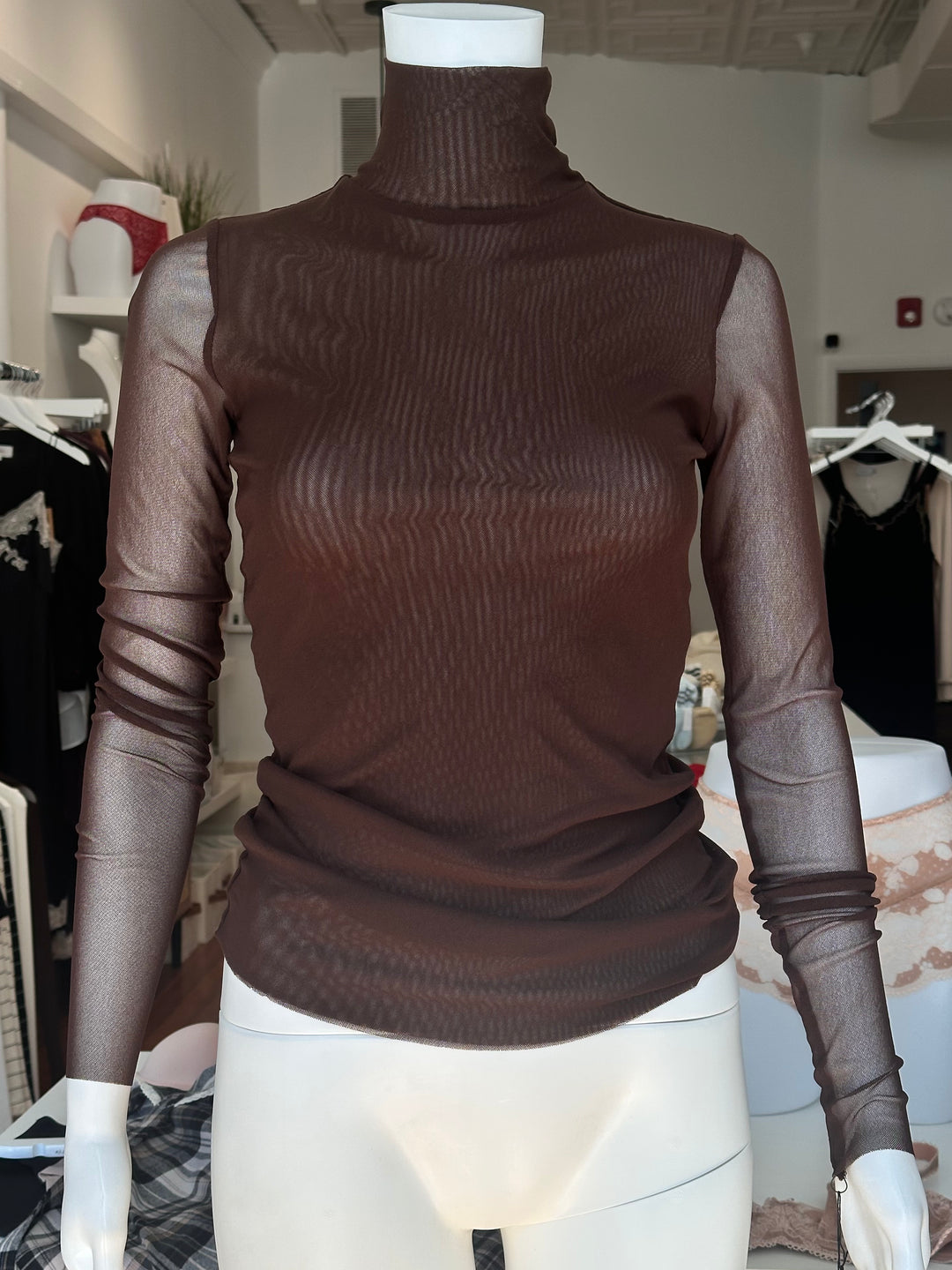 Only Hearts Tulle 2 ply mock neck shirt in brown