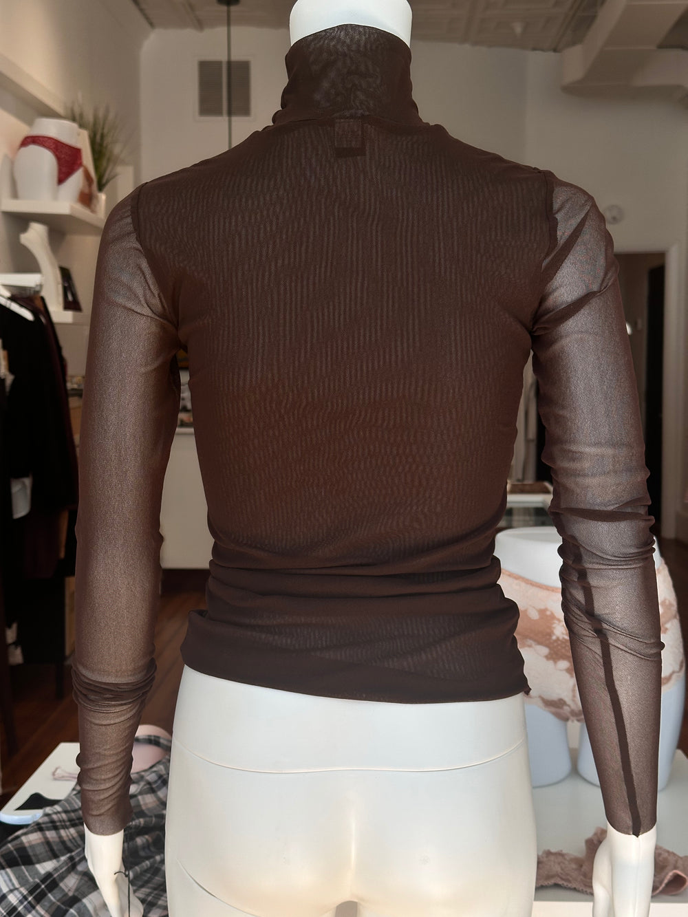 Only Hearts Tulle 2 ply mock neck shirt in brown
