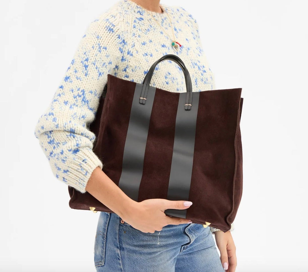Clare V. Simple Tote - Truffle Suede with Racing Stripes - Molten Blu