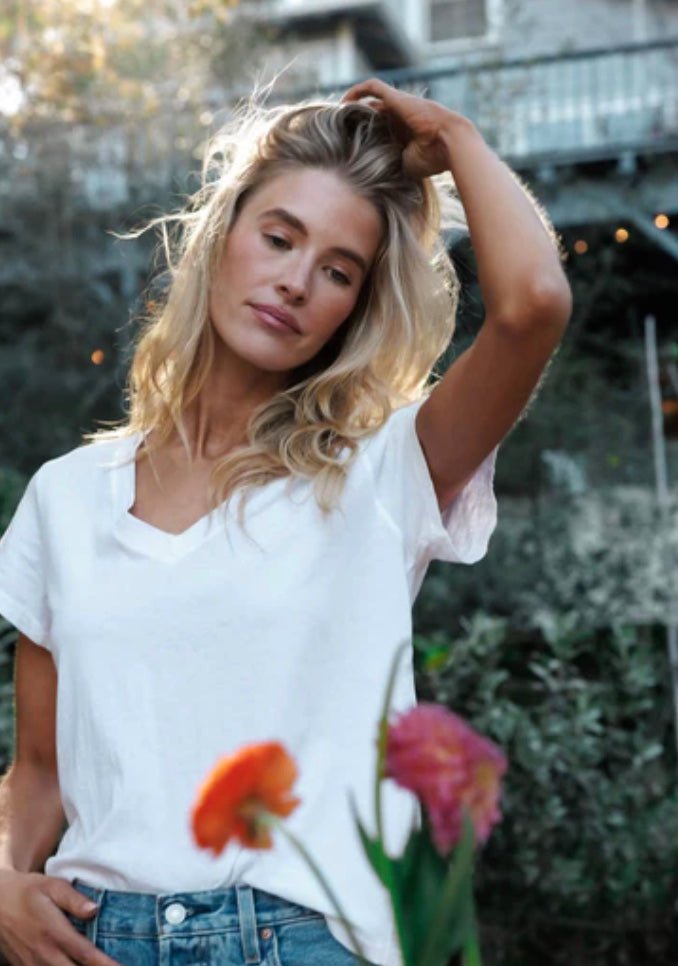 perfectwhitetee Hendrix Cotton Boxy V Neck Tee - Molten Blu