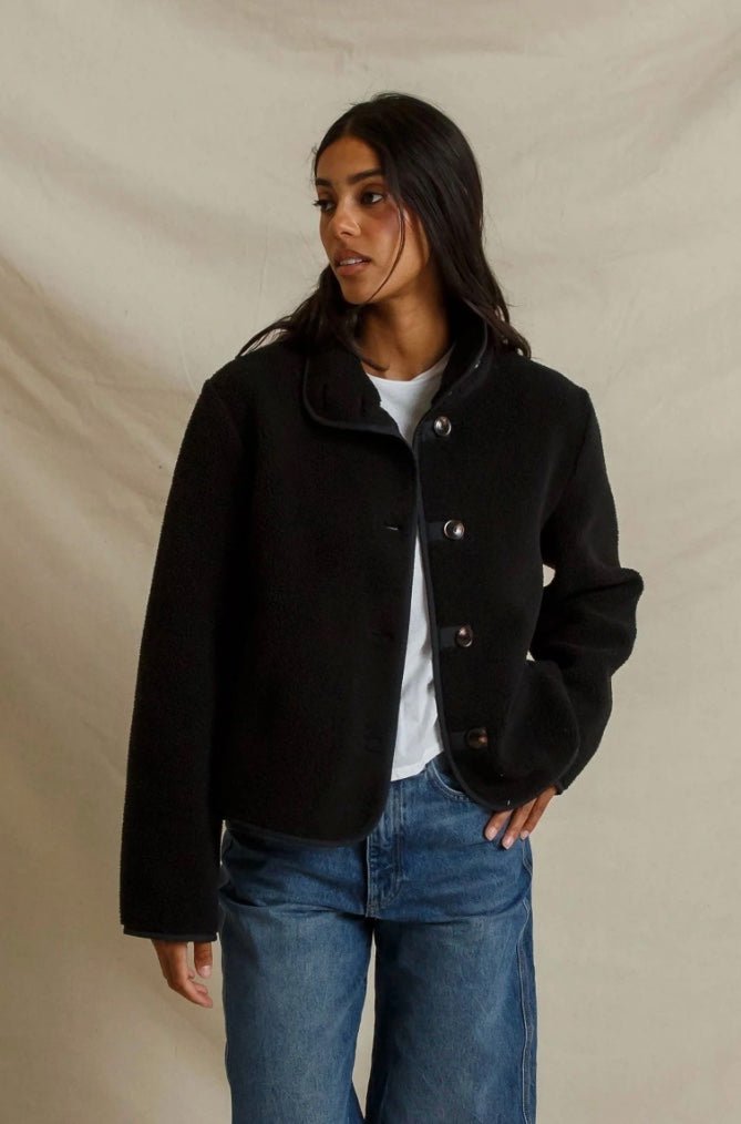 perfectwhitetee Tara Sherpa Fleece Button Front Jacket - Molten Blu