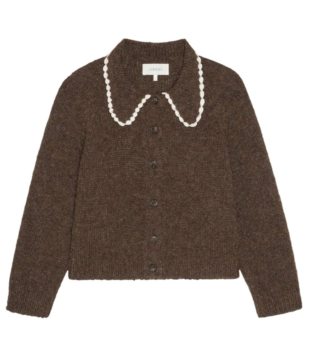 The Great. Crochet Collar Cardigan in Chocolate Brown